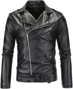 Men Faux Leather Motorcycle Jacket Asymmetric Zipper Slim Outwear Overcoat Retro ed Lapel Pu Biker Coat (Black,Large)