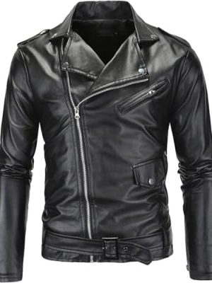 Men Faux Leather Motorcycle Jacket Asymmetric Zipper Slim Outwear Overcoat Retro ed Lapel Pu Biker Coat (Black,Large)