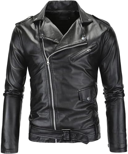 Men Faux Leather Motorcycle Jacket Asymmetric Zipper Slim Outwear Overcoat Retro ed Lapel Pu Biker Coat (Black,Large)