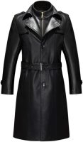 Double Collar Long Trench Coat Long PU Leather Jacket Parka (S-XL)