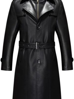 Double Collar Long Trench Coat Long PU Leather Jacket Parka (S-XL)