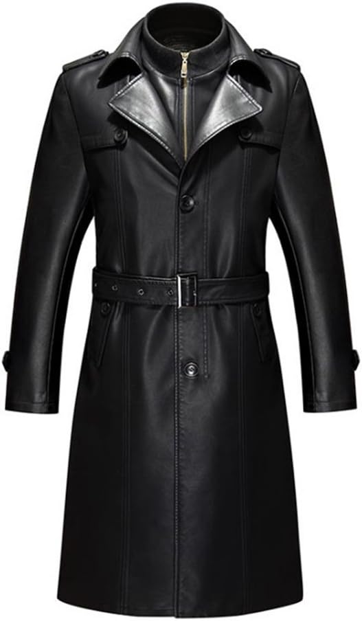 Double Collar Long Trench Coat Long PU Leather Jacket Parka (S-XL)