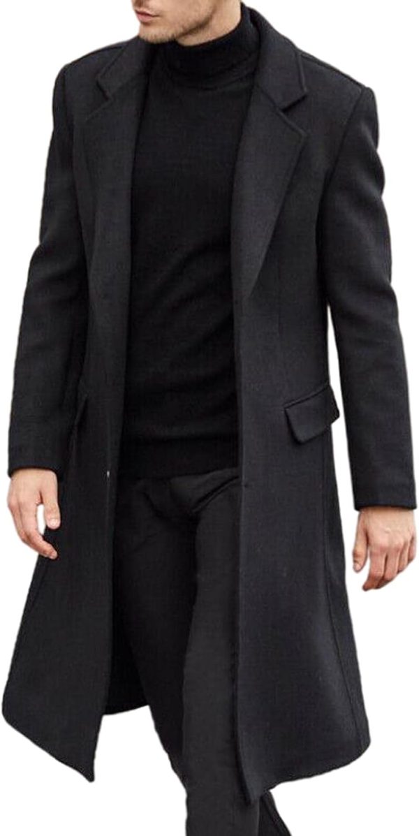 Men Casual Trench Coat   Long Jacket Overcoat Single Breasted Pea Coat