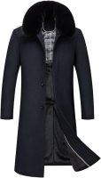 Men Wool Blend Trench Coat Faux Fur Collar Fleece Lined Single Breasted Jacket Winter Pea Coat Overcoat