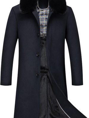 Men Wool Blend Trench Coat Faux Fur Collar Fleece Lined Single Breasted Jacket Winter Pea Coat Overcoat