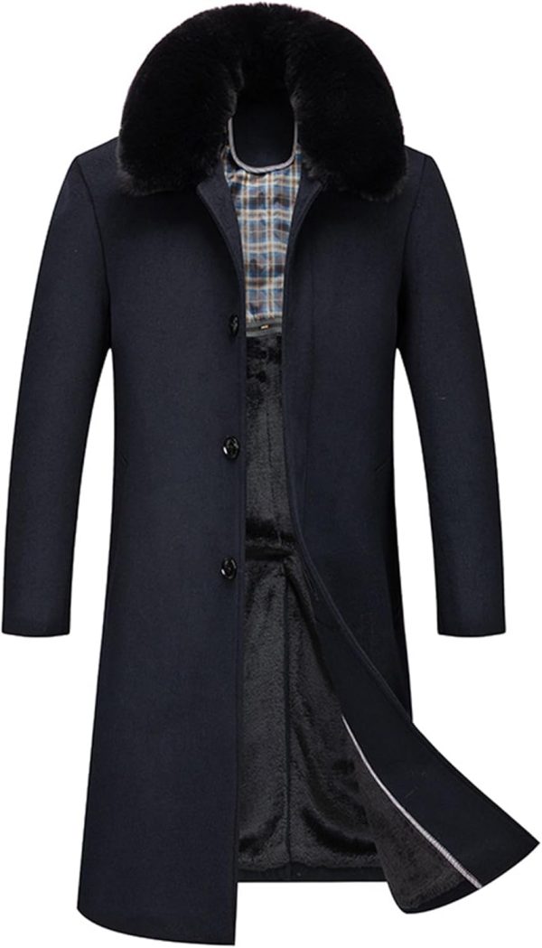 Men Wool Blend Trench Coat Faux Fur Collar Fleece Lined Single Breasted Jacket Winter Pea Coat Overcoat