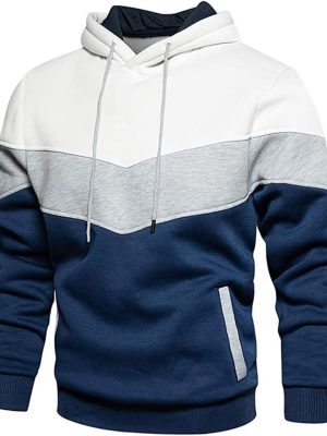 Men Hoodies Pullover Color Block Fleece Long Sleeve Sweatshirt Tops with Pocket