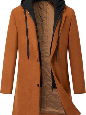 Men Long Trench Coat Winter   Wool Trench Jacket Single Breasted Trench Coat with Hood