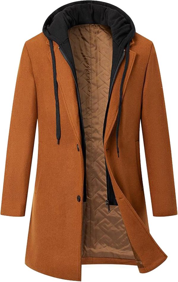 Men Long Trench Coat Winter   Wool Trench Jacket Single Breasted Trench Coat with Hood