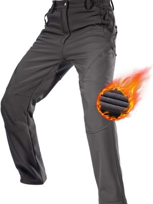 Men Fleece Lined Outdoor Cargo Hiking Pants Water Repellent Softshell Snow Ski Pants with Zipper Pockets