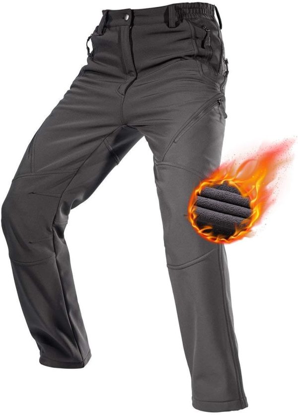 Men Fleece Lined Outdoor Cargo Hiking Pants Water Repellent Softshell Snow Ski Pants with Zipper Pockets