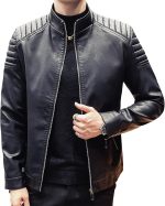 Men Casual Stand Collar  Faux Leather Jacket Biker Motorcycle Jacket