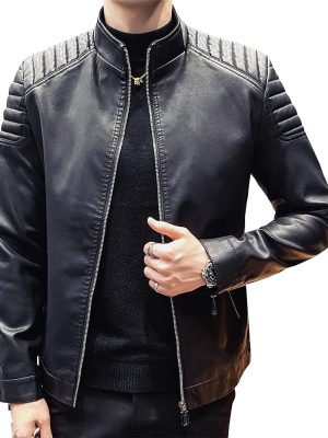 Men Casual Stand Collar  Faux Leather Jacket Biker Motorcycle Jacket