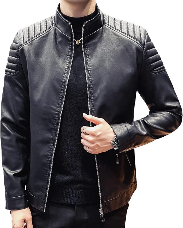 Men Casual Stand Collar  Faux Leather Jacket Biker Motorcycle Jacket