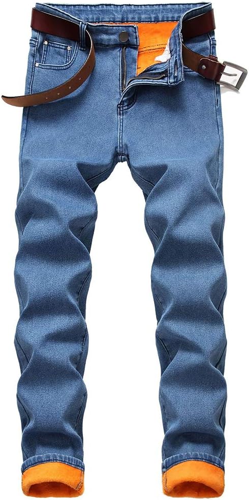 Men Warm  Lined Biker Jeans Stretch  Fleece Denim Pants