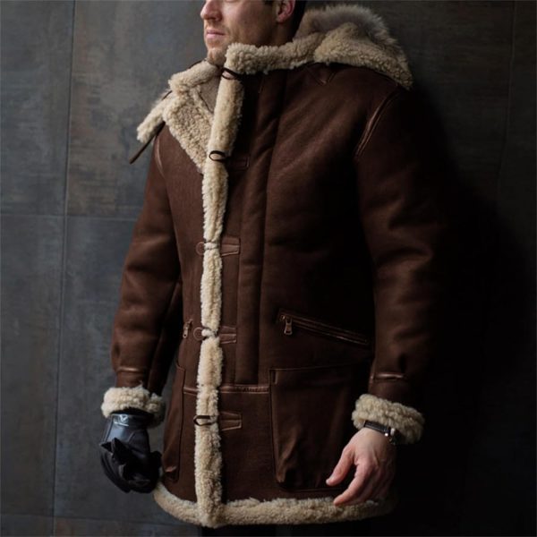 Men Shearling Leather Coat Suede  Lined Fleece Sheepskin Pea Coat Jacket Faux Fur Vintage Long Trench Coat