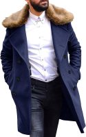 Men Winter Trench Overcoat Removable Faux Fur Collar Top Coat Double Breasted Business Long Pea Coat
