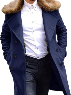 Men Winter Trench Overcoat Removable Faux Fur Collar Top Coat Double Breasted Business Long Pea Coat