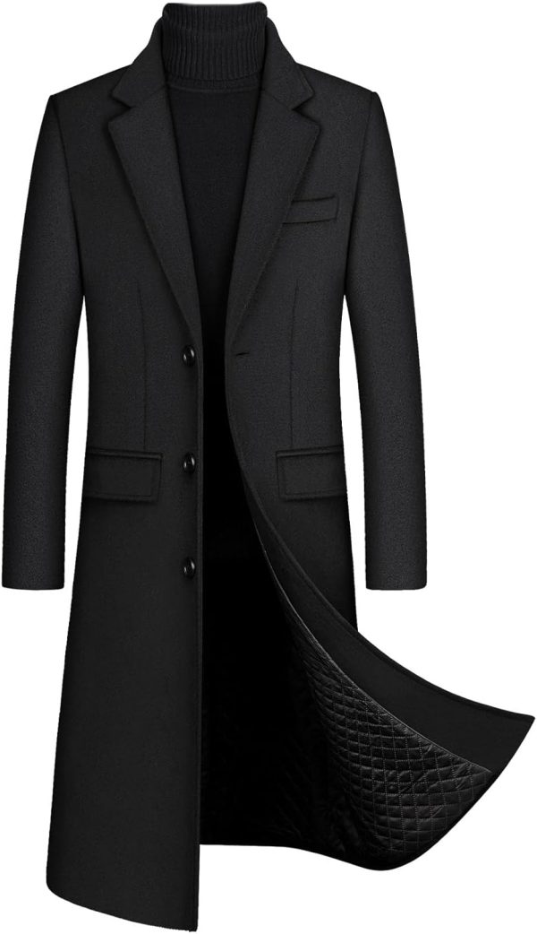 Men Winter Trench Coat Long Sleeve  Single Breasted Quilted Cotton Long Overcoat Jacket Wool Pea Coat
