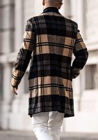 Men Casual  Plaid Single Breasted Wool Blend Formal Trench Top Coat