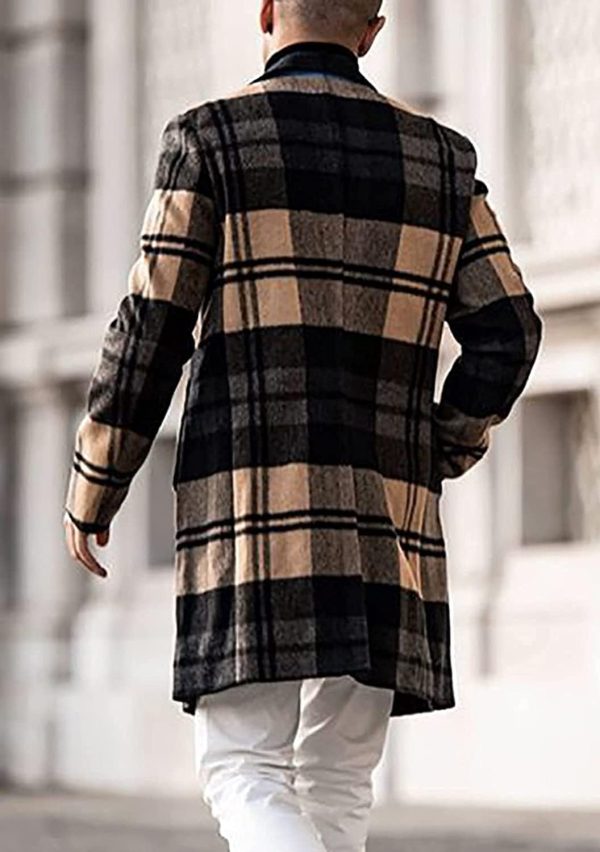 Men Casual  Plaid Single Breasted Wool Blend Formal Trench Top Coat