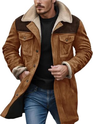 Men Winter Coats Vintage Suede Patchwork Lamb Fleece Long Jacket Trucker Warm Casual Coat Overesized Thick Trench Coat
