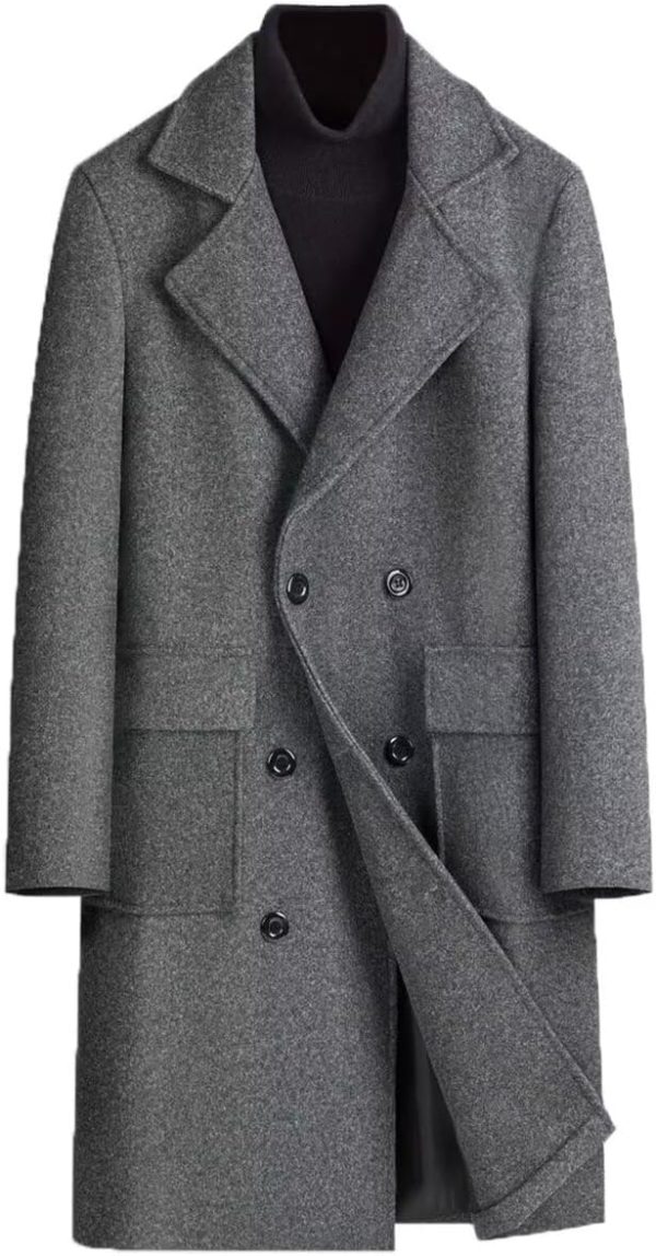 Men Wool Blend Long Trench Coat  Single Breasted Overcoat Warm Winter Pea Coat
