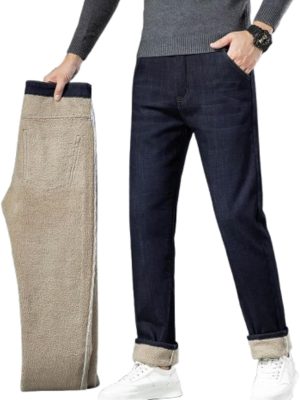 Fleece Lined Jeans for Men  Warm Straight Leg Pants Outdoor Velvet Stretch Denim Pants Winter Casual Pants