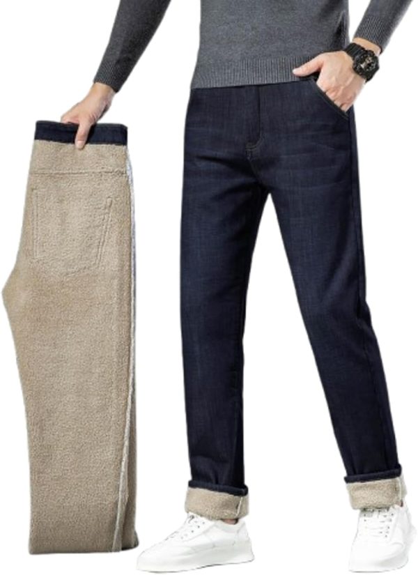 Fleece Lined Jeans for Men  Warm Straight Leg Pants Outdoor Velvet Stretch Denim Pants Winter Casual Pants