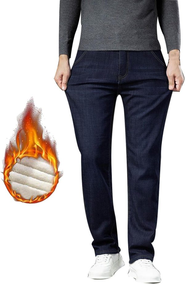 Fleece Lined Jeans for Men  Warm Straight Leg Pants Outdoor Velvet Stretch Denim Pants Winter Casual Pants