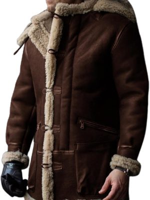 Men Shearling Leather Coat Suede  Lined Fleece Sheepskin Pea Coat Jacket Faux Fur Vintage Long Trench Coat