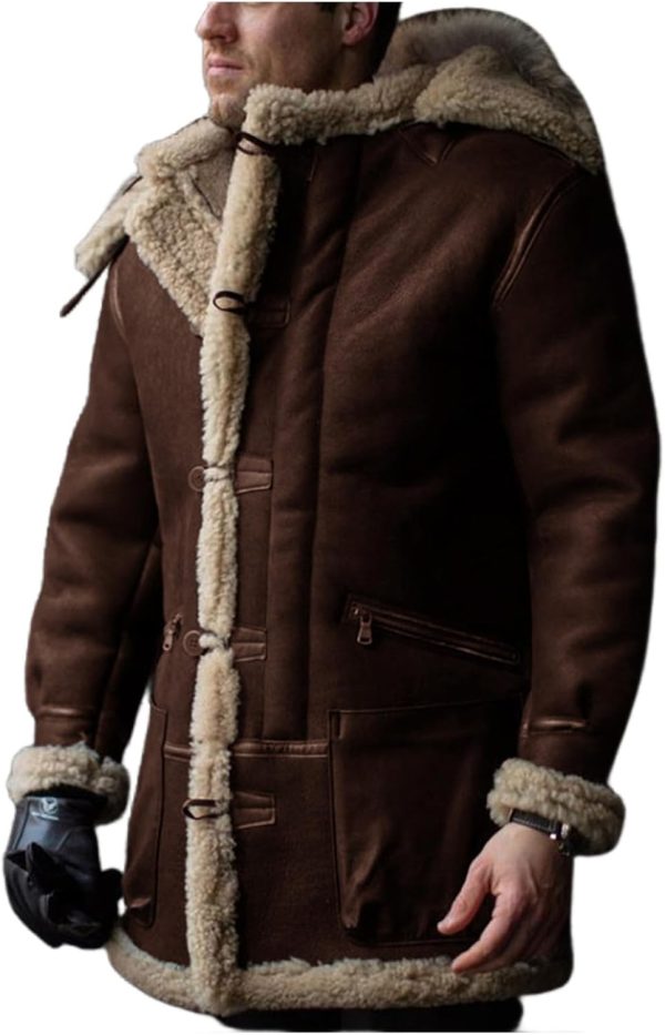 Men Shearling Leather Coat Suede  Lined Fleece Sheepskin Pea Coat Jacket Faux Fur Vintage Long Trench Coat