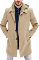 Men Trench Coat Wool Blend Single Breasted Pea Coat Casual  Jacket Warm Overcoat with Detachable Hooded