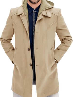 Men Trench Coat Wool Blend Single Breasted Pea Coat Casual  Jacket Warm Overcoat with Detachable Hooded