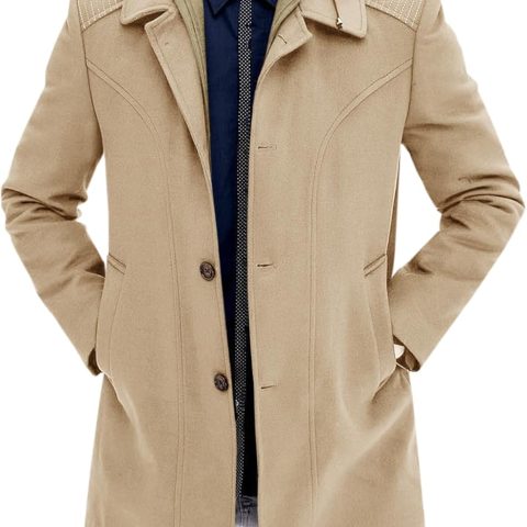 Men Trench Coat Wool Blend Single Breasted Pea Coat Casual  Jacket Warm Overcoat with Detachable Hooded