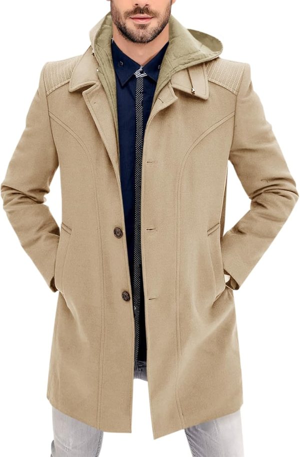 Men Trench Coat Wool Blend Single Breasted Pea Coat Casual  Jacket Warm Overcoat with Detachable Hooded