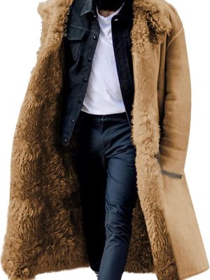 Lined Long Jacket Men Faux Leather Shearling Jacket Fur Collar Long Trench Coats Winter Sheepskin Fleece Coat
