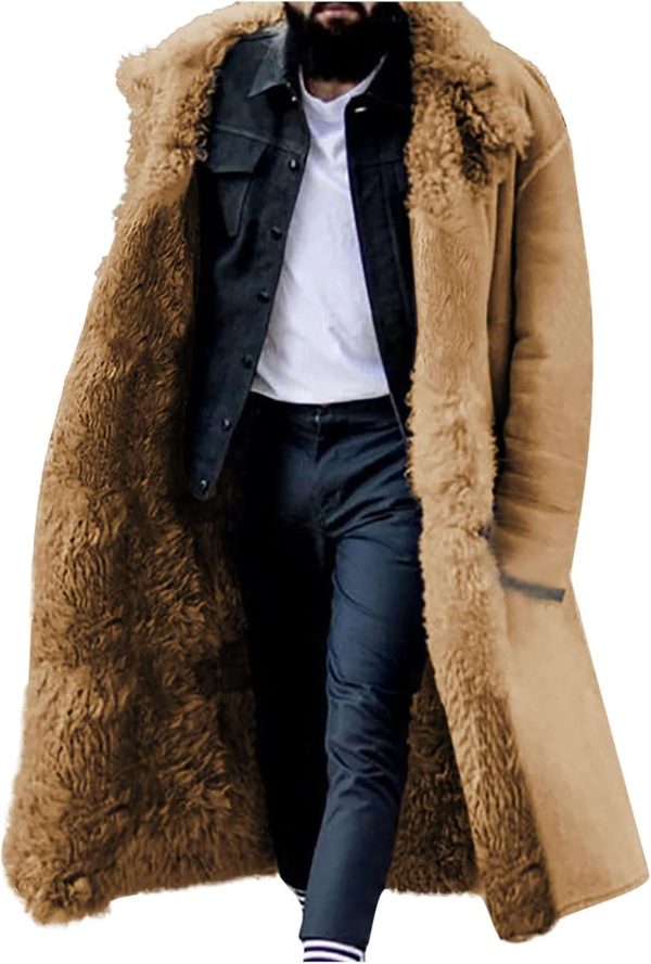 Lined Long Jacket Men Faux Leather Shearling Jacket Fur Collar Long Trench Coats Winter Sheepskin Fleece Coat