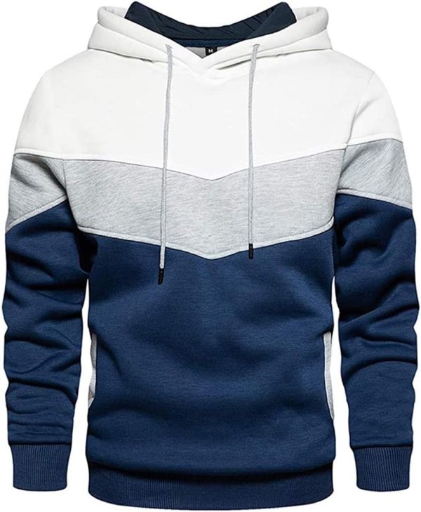 Men Hoodies Pullover Color Block Fleece Long Sleeve Sweatshirt Tops with Pocket