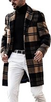 Men Casual  Plaid Single Breasted Wool Blend Formal Trench Top Coat