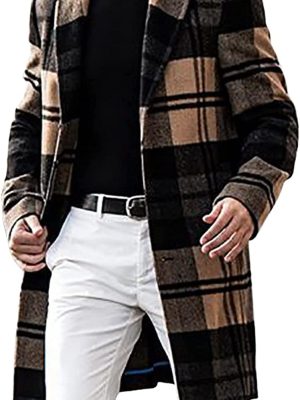 Men Casual  Plaid Single Breasted Wool Blend Formal Trench Top Coat