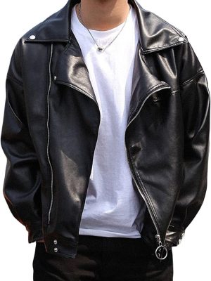 Men Faux Leather Biker Jacket Vintage Asymmetric Zip Motorcycle Jackets PU Lightweight Punk Belted Slim Coat