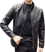 Men Casual Stand Collar  Faux Leather Jacket Biker Motorcycle Jacket