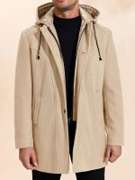 Men Trench Coat Wool Blend Single Breasted Pea Coat Casual  Jacket Warm Overcoat with Detachable Hooded