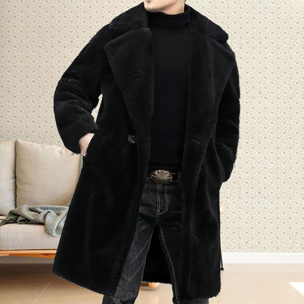 Men Fuzzy Fleece Long Cardigan Big and Tall ed Lapel Double Breasted Trench Coat Winter Warm Fluffy Overcoats
