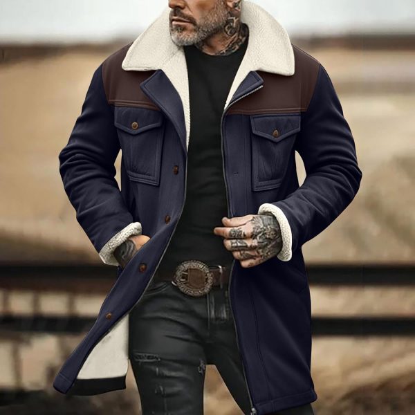 Men Vintage Suede Pocket Plush Revers Outdoor Jacket Coat Retro Top Patchwork Suede Trench Coat Winter Biker Coats
