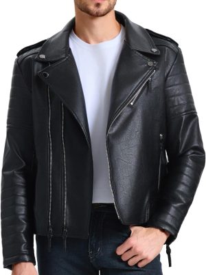 Men Leather Jackets, Faux Bomber Jacket for Men Motorcycle Lapel Asymmetric Zip-Up  Biker Coat