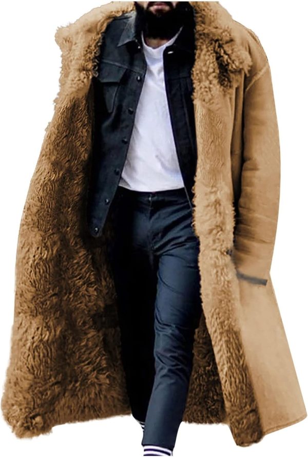 Lined Long Jacket Men Faux Leather Shearling Jacket Fur Collar Long Trench Coats Winter Sheepskin Fleece Coat