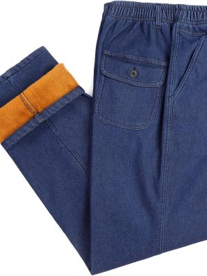 Fleece Lined Jeans Mens Elastic Waist Thicken Warm Loose Denim Pants