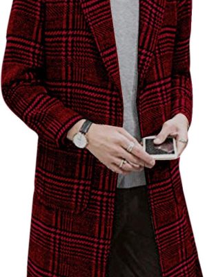 Men Winter Trench Coat  Single Breasted Plaid Mid Long  Overcoats with Pockets